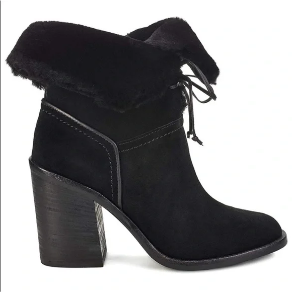UGG|| Jerene Genuine Shearling Black Suede Block Heel Fold Over Boots Size 10 - Picture 2 of 11